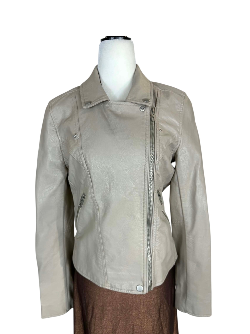 Blank NYC Light Taupe Asymmetrical textured Faux Leather Moto Jacket